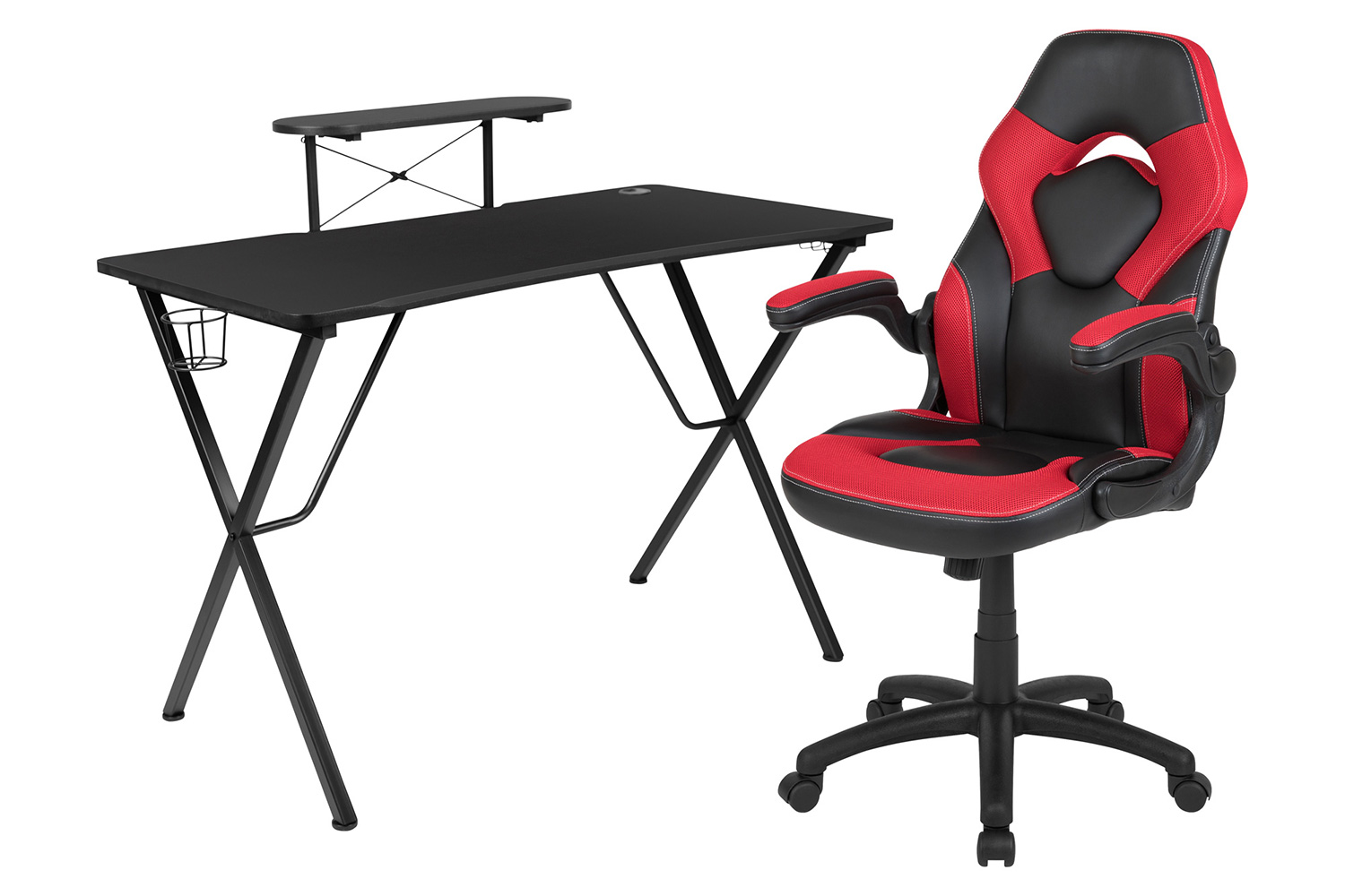 BLNK Optis Black Gaming Desk and Racing Chair Set with Cup Holder, Headphone Hook and Monitor/Smartphone Stand - Red