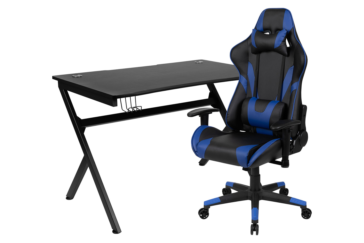 BLNK Optis Black Gaming Desk and Reclining Gaming Chair Set with Cup Holder, Headphone Hook and 2 Wire Management Holes - Blue