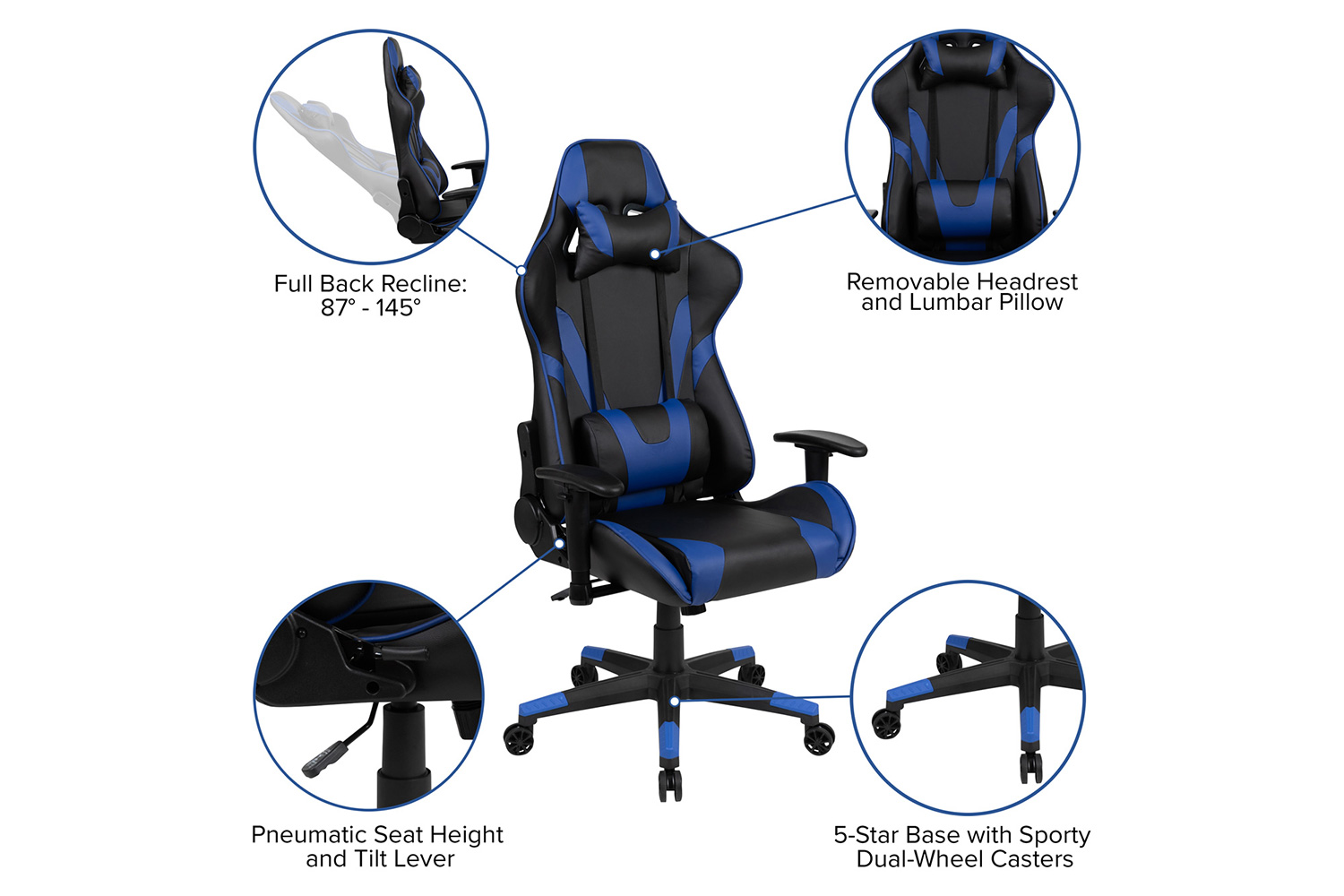 BLNK Optis Black Gaming Desk and Reclining Gaming Chair Set with Cup Holder, Headphone Hook and 2 Wire Management Holes - Blue