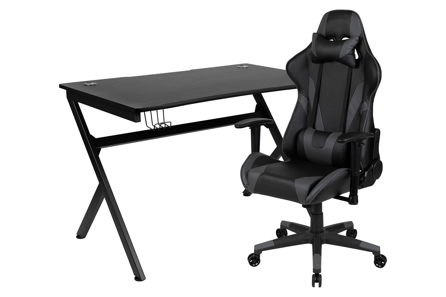 BLNK Optis Black Gaming Desk and Reclining Gaming Chair Set with Cup Holder, Headphone Hook and 2 Wire Management Holes - Gray