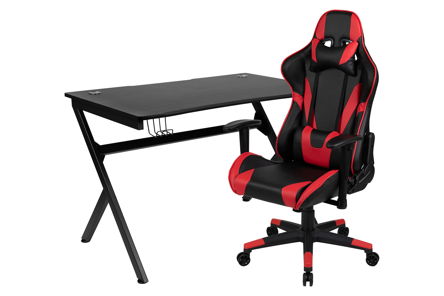 BLNK Optis Black Gaming Desk and Reclining Gaming Chair Set with Cup Holder, Headphone Hook and 2 Wire Management Holes - Red