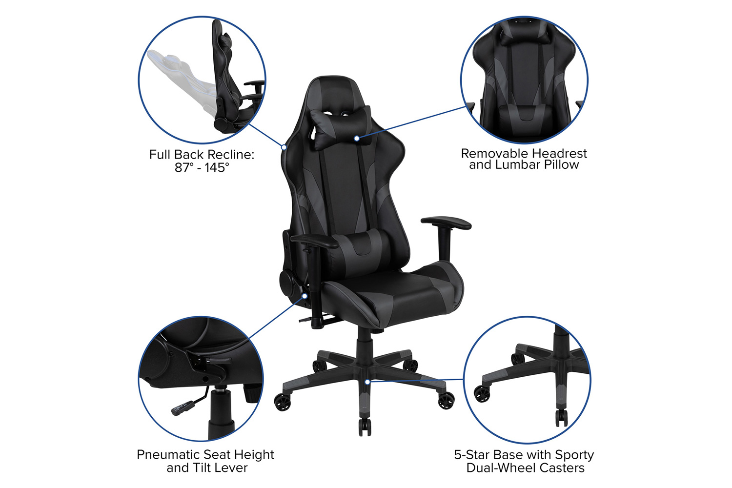 BLNK Optis Gaming Desk and Reclining Gaming Chair Set with Cup Holder, Headphone Hook, Removable Mouse Pad Top and Wire Management - Gray/Black