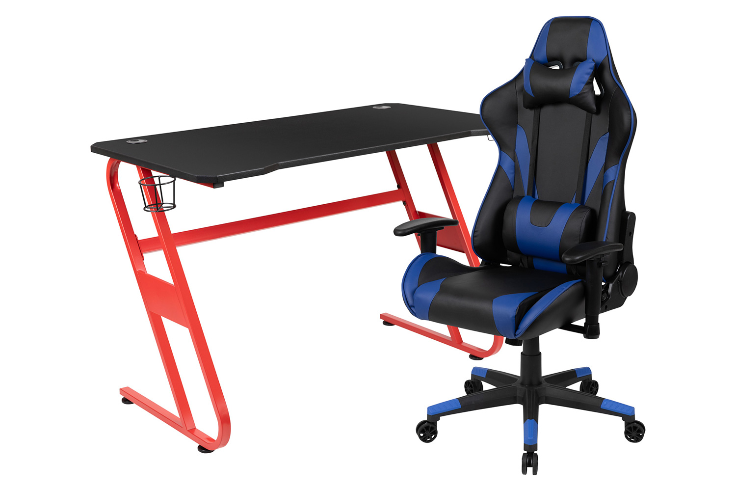 BLNK Optis Red Gaming Desk and Reclining Gaming Chair Set with Cup Holder and Headphone Hook - Blue