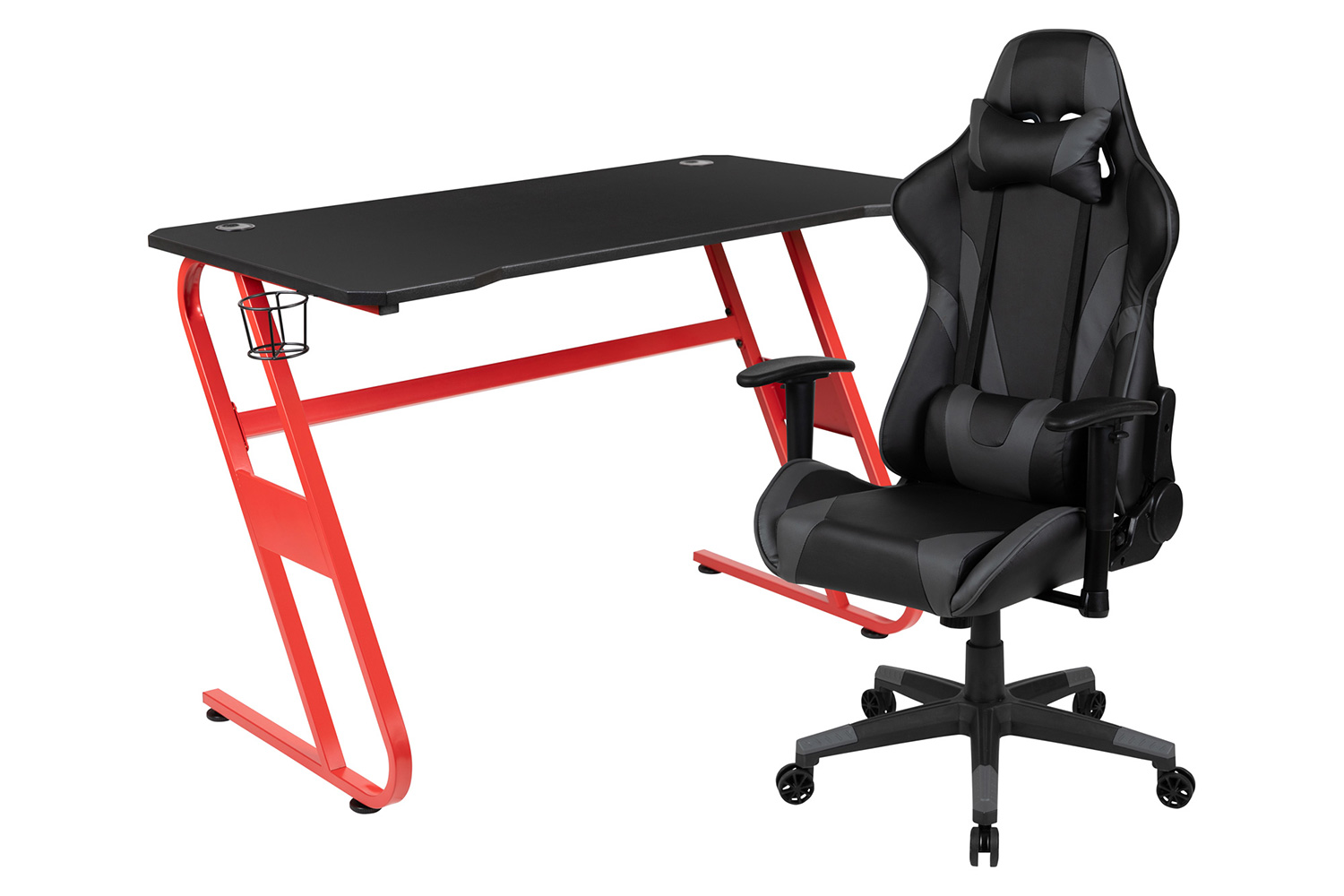 BLNK Optis Red Gaming Desk and Reclining Gaming Chair Set with Cup Holder and Headphone Hook - Gray