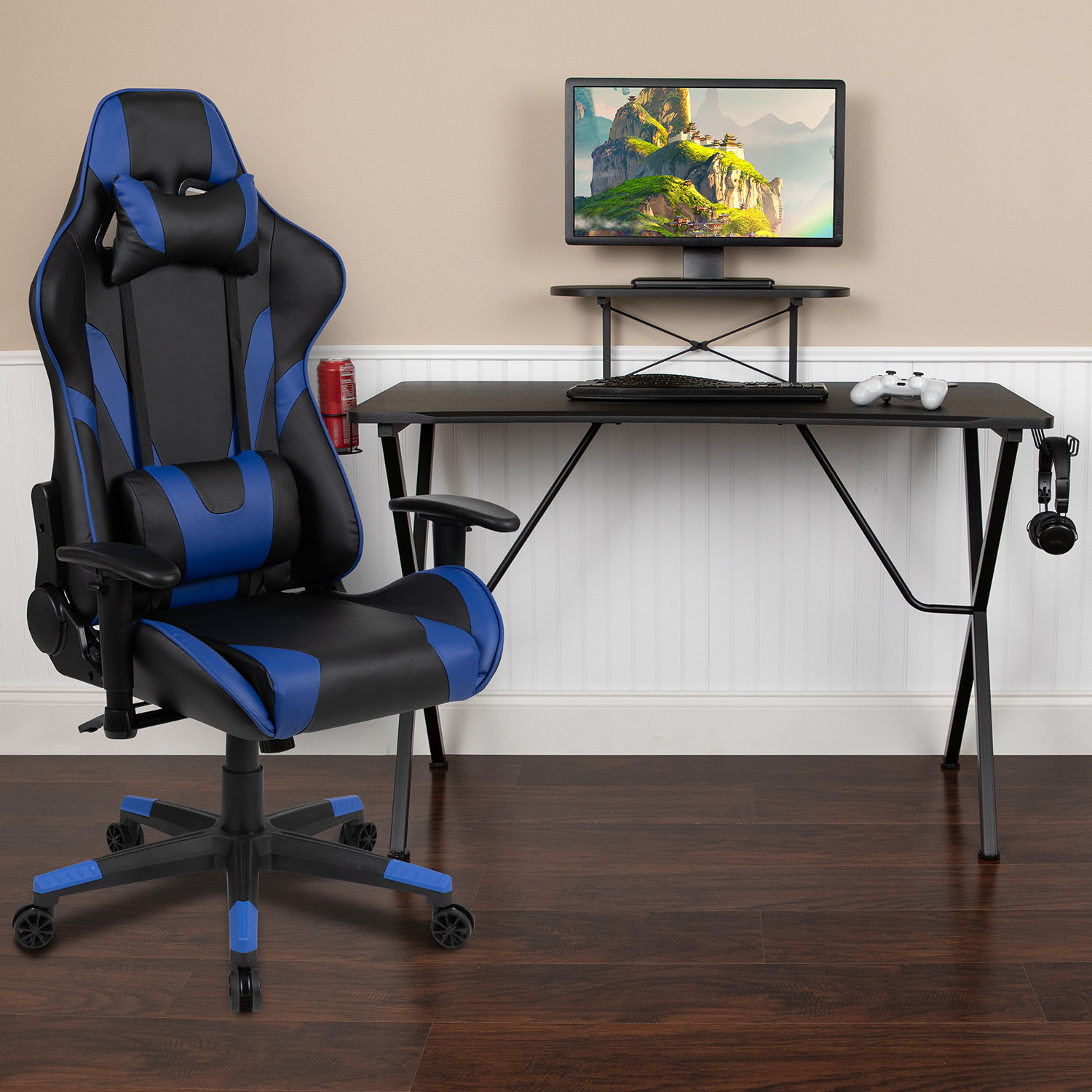 BLNK Optis Black Gaming Desk and Reclining Gaming Chair Set with Cup Holder, Headphone Hook and Monitor/Smartphone Stand