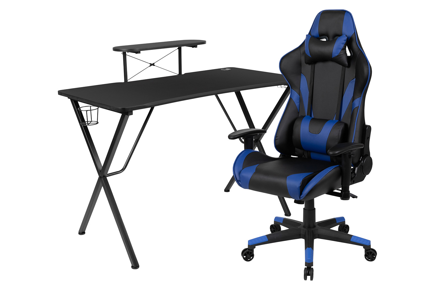 BLNK Optis Black Gaming Desk and Reclining Gaming Chair Set with Cup Holder, Headphone Hook and Monitor/Smartphone Stand - Blue