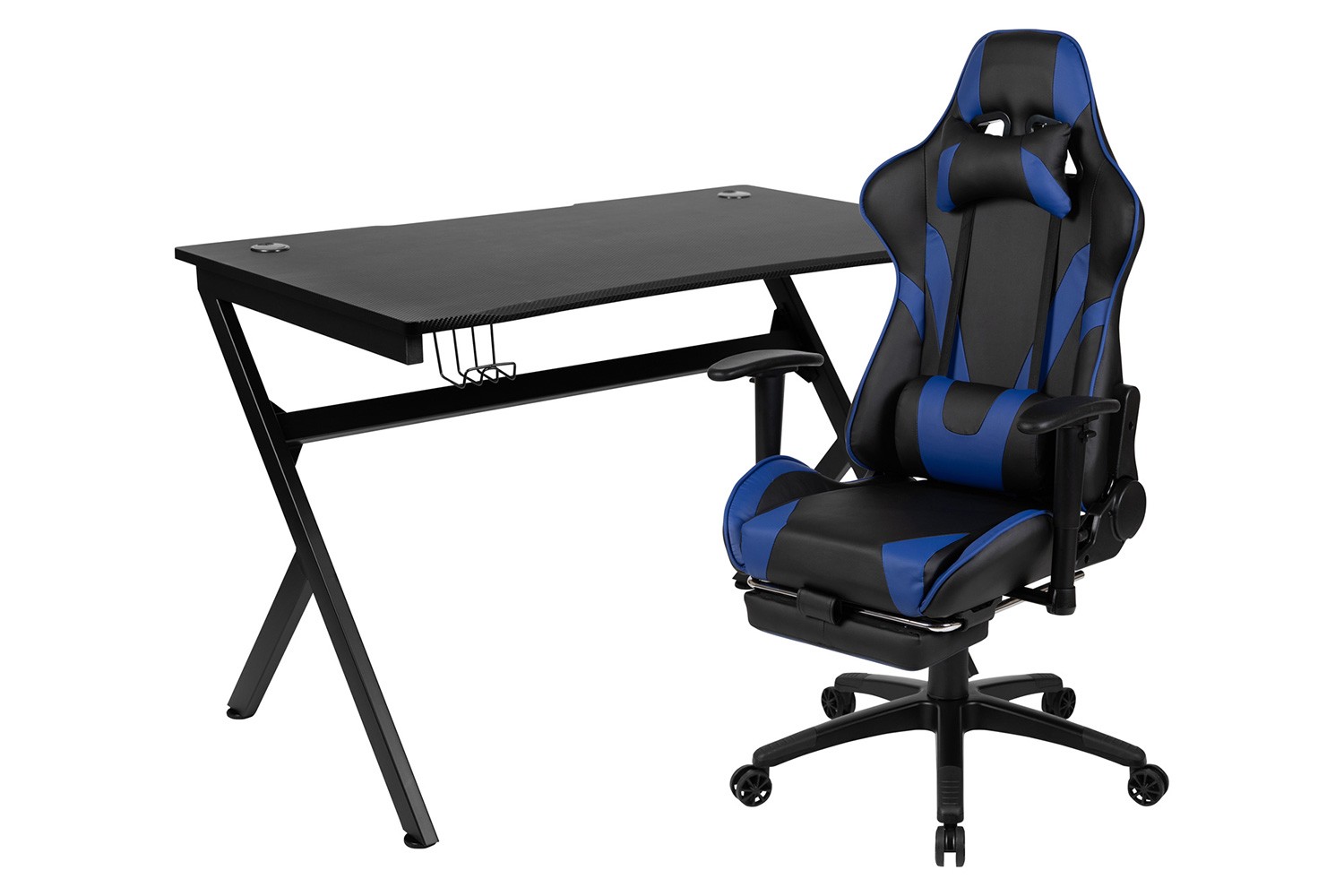 BLNK Optis Black Gaming Desk and Footrest Reclining Gaming Chair Set with Cup Holder, Headphone Hook and 2 Wire Management Holes - Blue