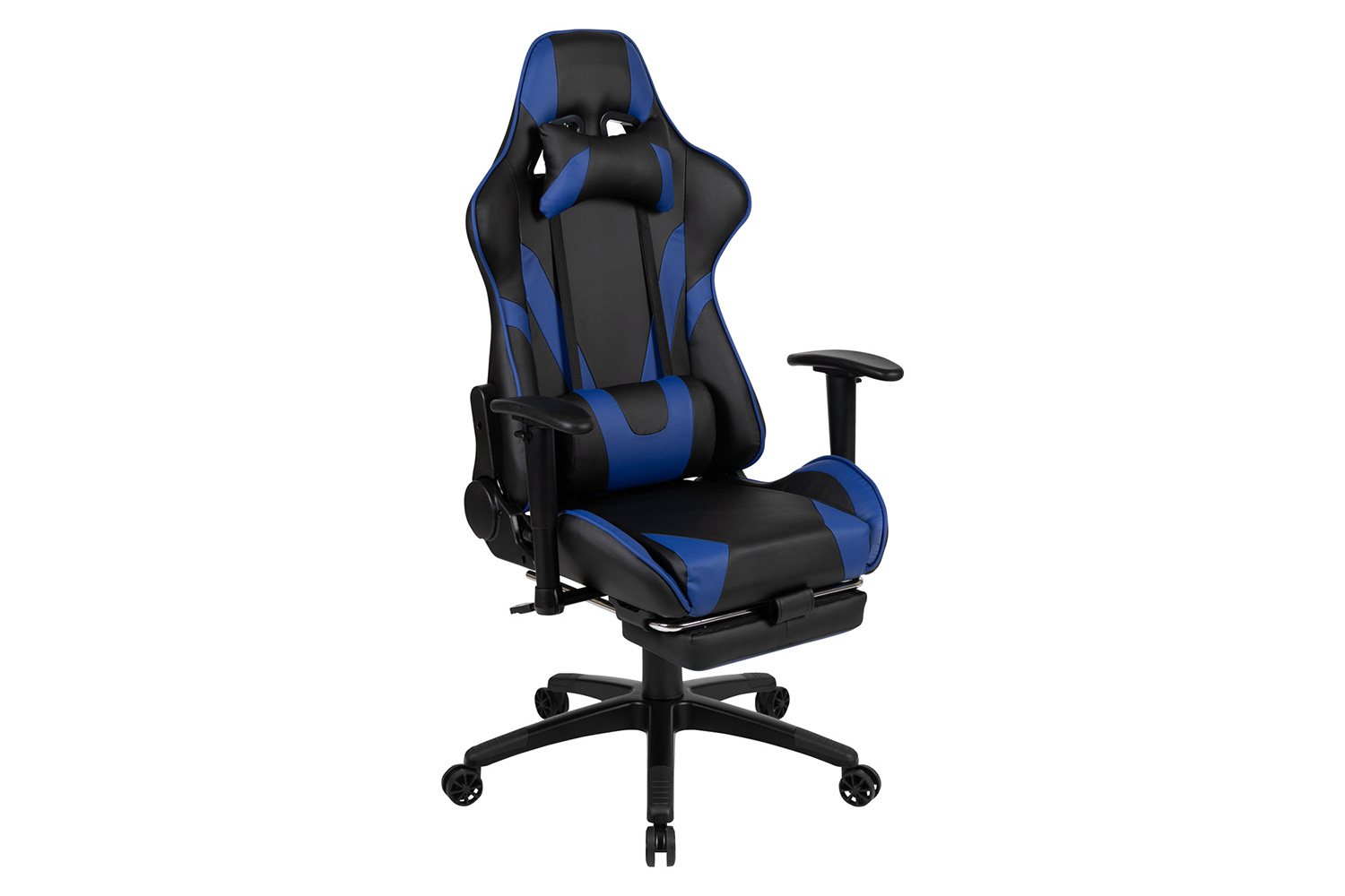 BLNK Optis Black Gaming Desk and Footrest Reclining Gaming Chair Set with Cup Holder, Headphone Hook and 2 Wire Management Holes - Blue