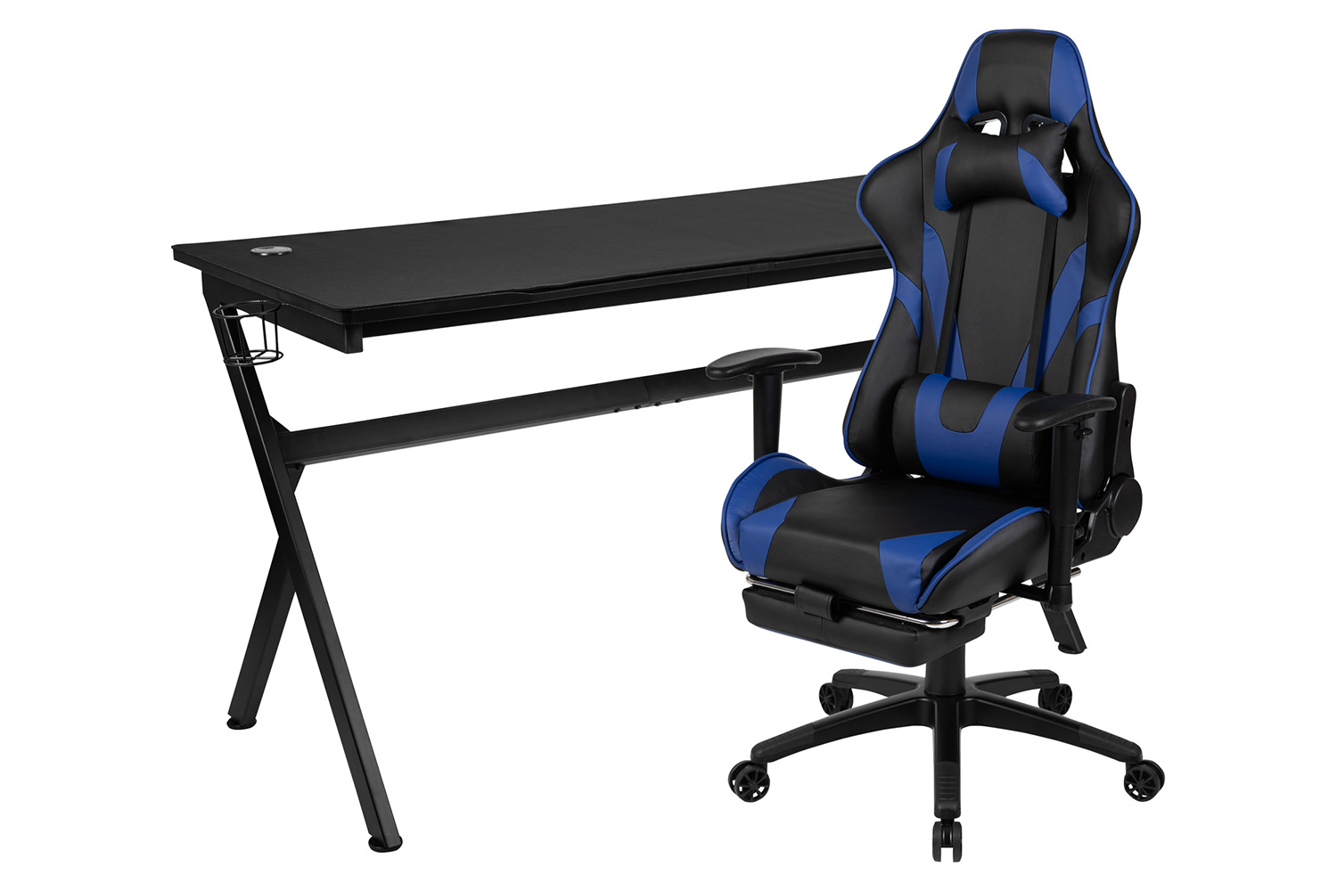 BLNK Optis Gaming Desk and Footrest Reclining Gaming Chair Set with Cup Holder, Headphone Hook, Removable Mouse Pad Top/Wire Management - Blue