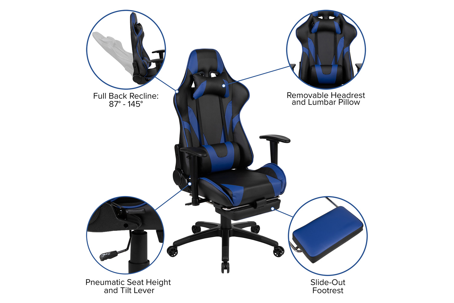 BLNK Optis Gaming Desk and Footrest Reclining Gaming Chair Set with Cup Holder, Headphone Hook, Removable Mouse Pad Top/Wire Management - Blue