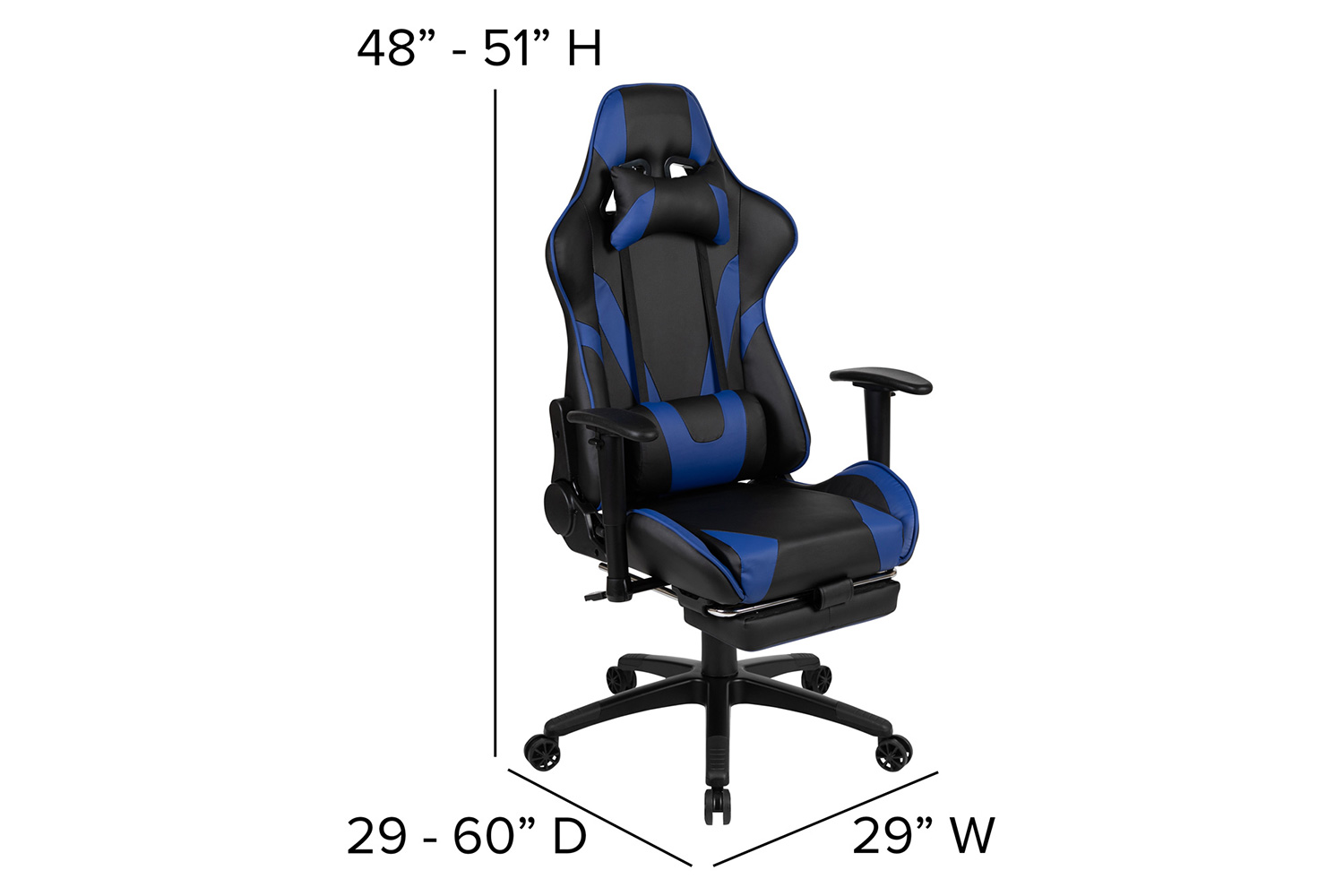 BLNK Optis Gaming Desk and Footrest Reclining Gaming Chair Set with Cup Holder, Headphone Hook, Removable Mouse Pad Top/Wire Management - Blue