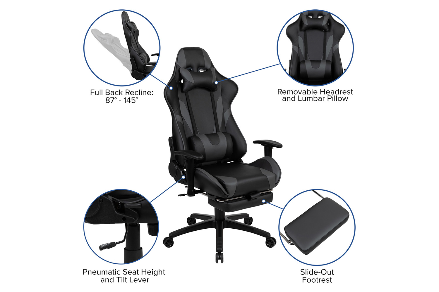 BLNK Optis Gaming Desk and Footrest Reclining Gaming Chair Set with Cup Holder, Headphone Hook, Removable Mouse Pad Top/Wire Management - Gray