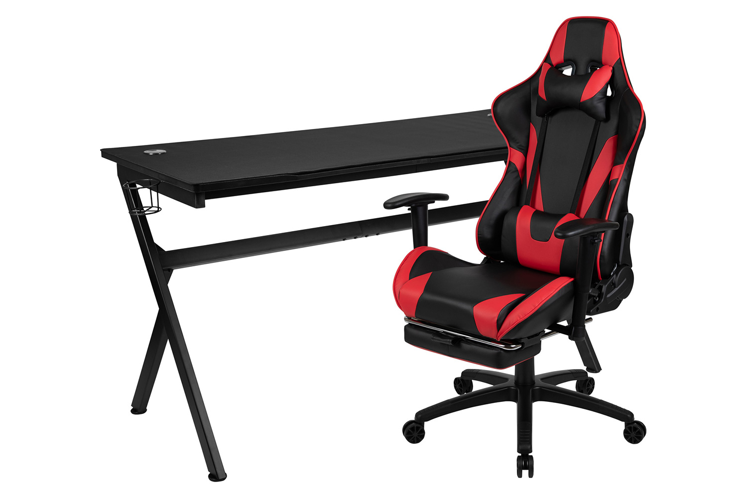 BLNK Optis Gaming Desk and Footrest Reclining Gaming Chair Set with Cup Holder, Headphone Hook, Removable Mouse Pad Top/Wire Management - Red