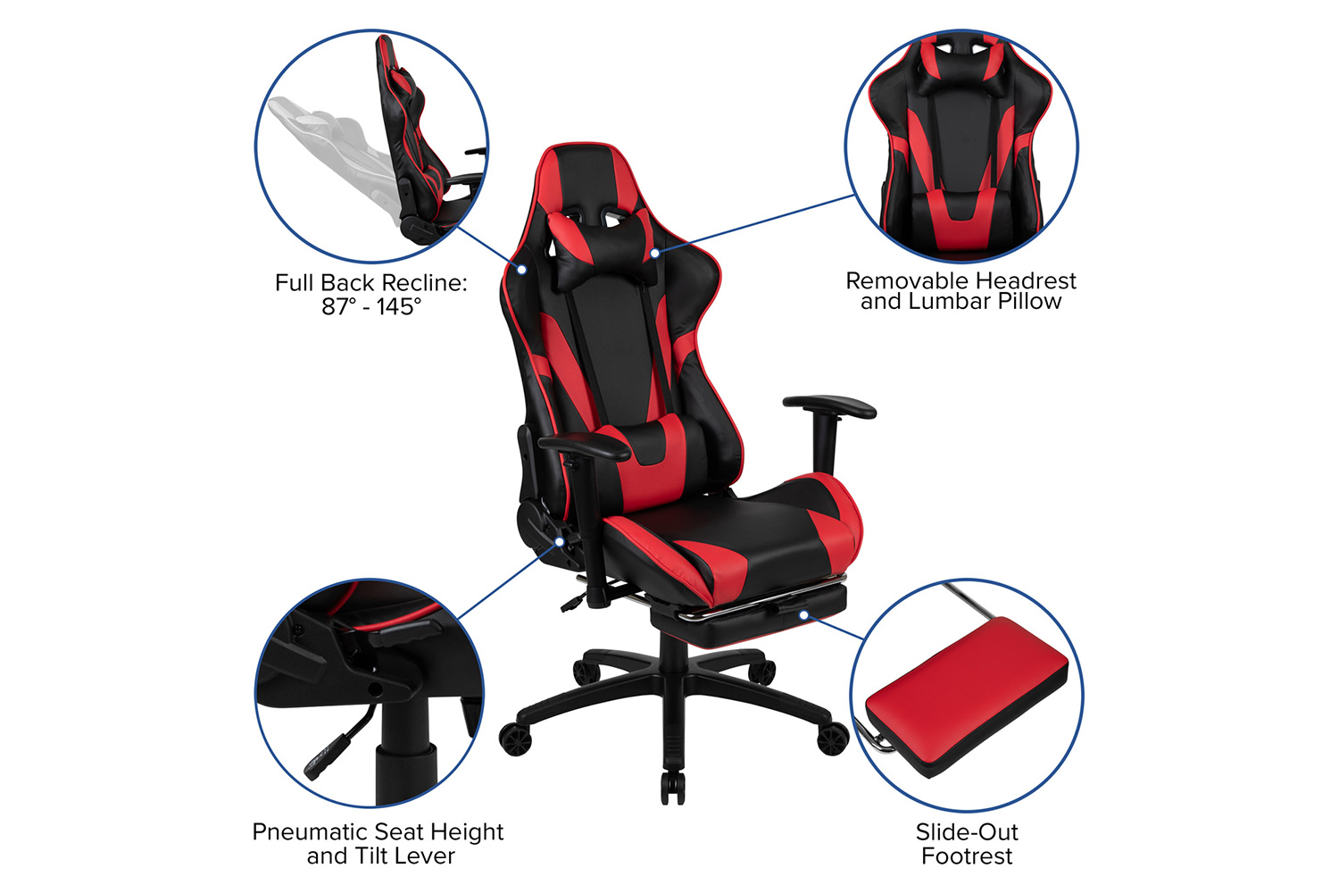 BLNK Optis Gaming Desk and Footrest Reclining Gaming Chair Set with Cup Holder, Headphone Hook, Removable Mouse Pad Top/Wire Management - Red