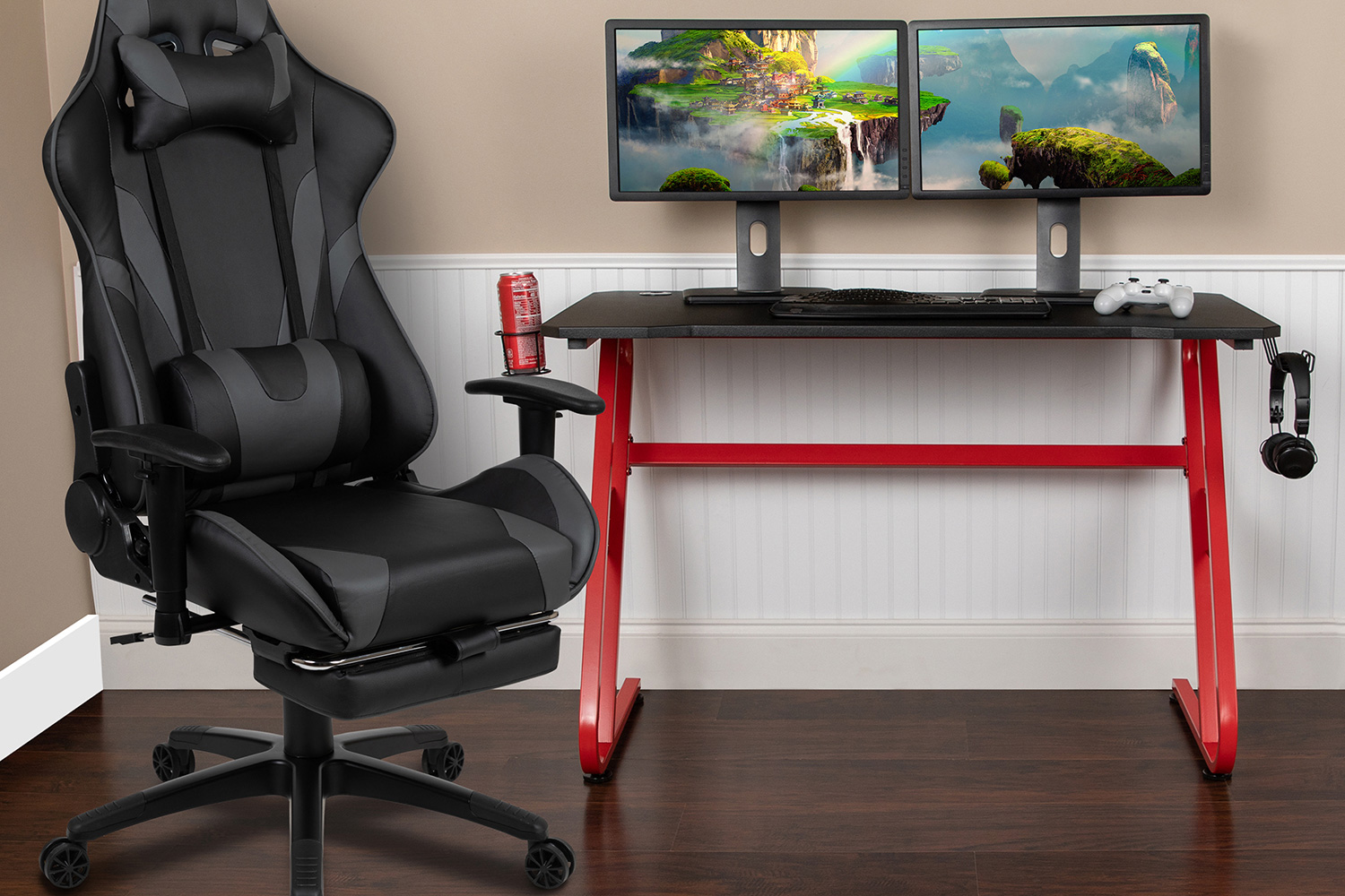 BLNK Optis Red Gaming Desk with Cup Holder/Headphone Hook and Reclining Gaming Chair with Footrest