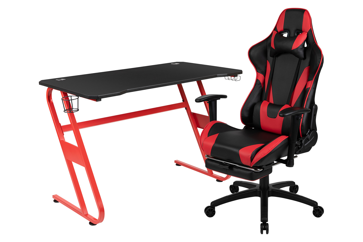 BLNK Optis Red Gaming Desk and Footrest Reclining Gaming Chair Set with Cup Holder and Headphone Hook - Red/Black