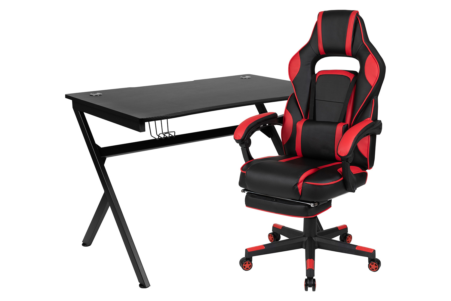 BLNK Optis Black Gaming Desk with Cup Holder, Headphone Hook, 2 Wire Management Holes and Reclining Back/Arms Gaming Chair with Footrest - Red