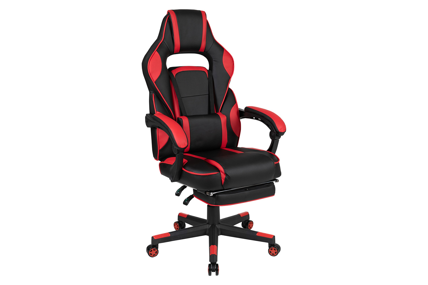 BLNK Optis Black Gaming Desk with Cup Holder, Headphone Hook, 2 Wire Management Holes and Reclining Back/Arms Gaming Chair with Footrest - Red