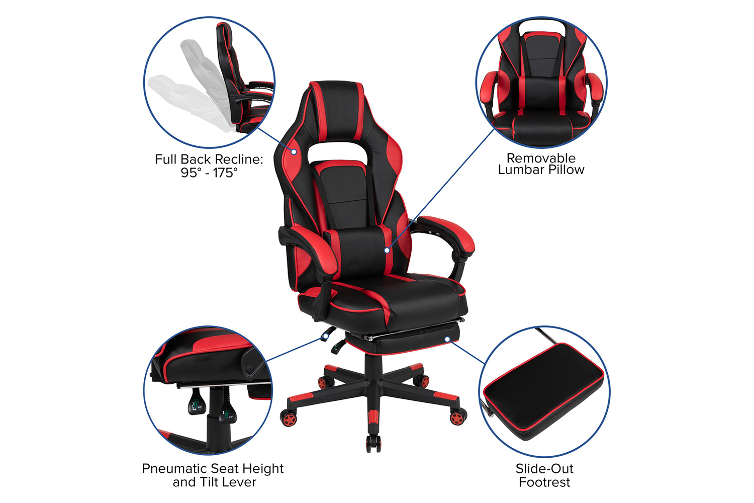 BLNK Optis Black Gaming Desk with Cup Holder, Headphone Hook, 2 Wire Management Holes and Reclining Back/Arms Gaming Chair with Footrest - Red