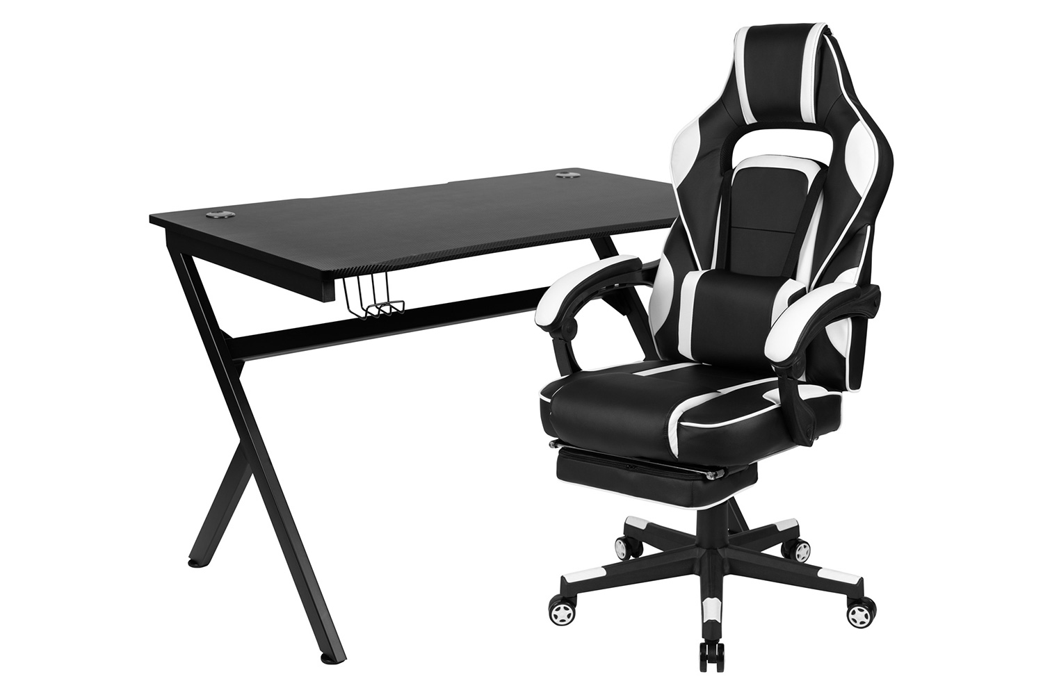 BLNK Optis Black Gaming Desk with Cup Holder, Headphone Hook, 2 Wire Management Holes and Reclining Back/Arms Gaming Chair with Footrest - White