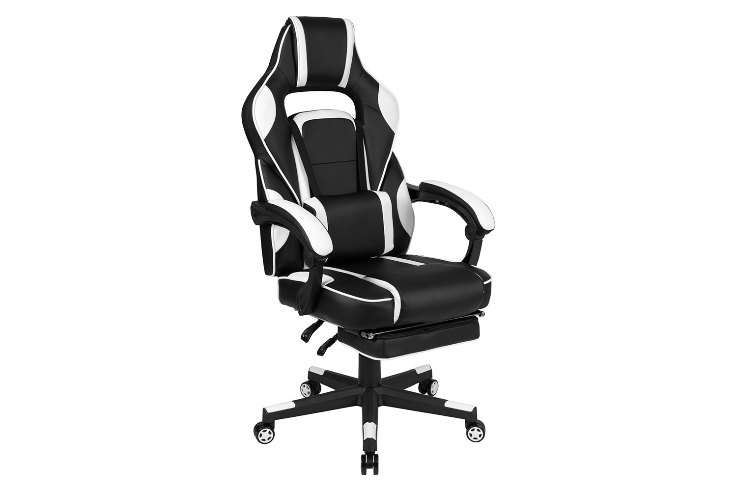 BLNK Optis Black Gaming Desk with Cup Holder, Headphone Hook, 2 Wire Management Holes and Reclining Back/Arms Gaming Chair with Footrest - White