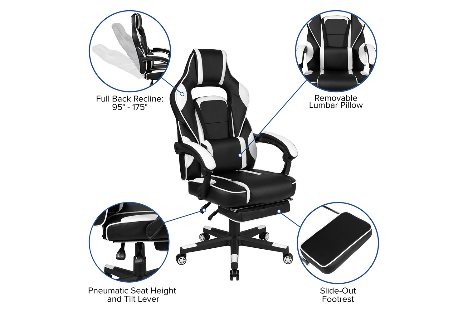 BLNK Optis Black Gaming Desk with Cup Holder, Headphone Hook, 2 Wire Management Holes and Reclining Back/Arms Gaming Chair with Footrest - White