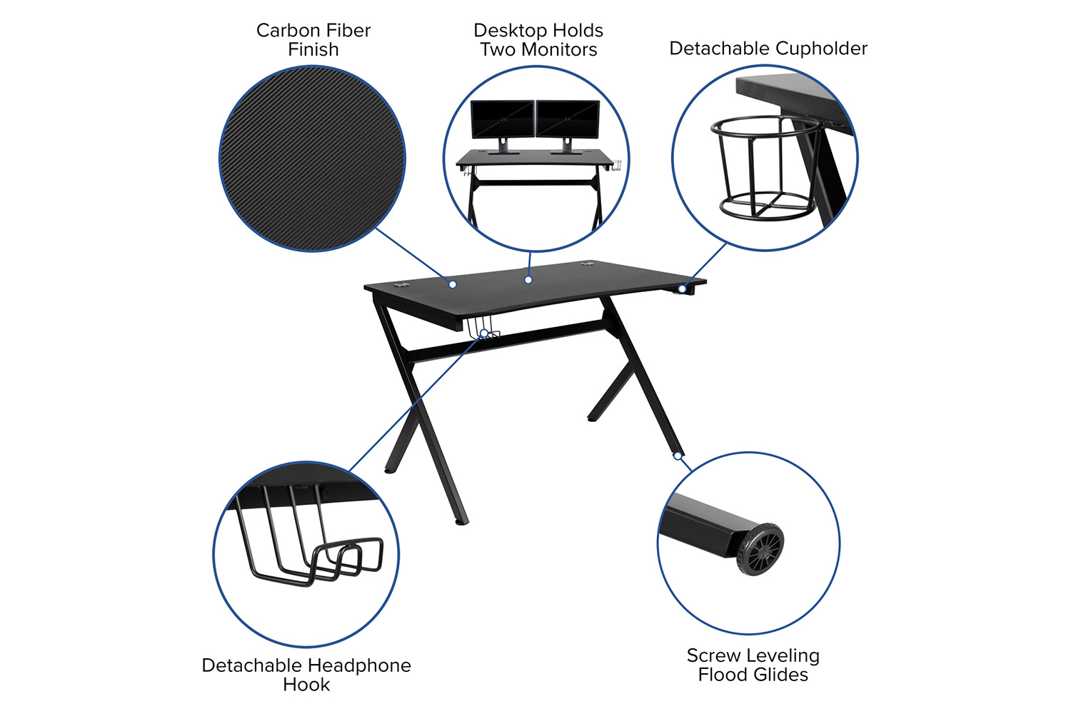 BLNK Optis Black Gaming Desk with Cup Holder, Headphone Hook, 2 Wire Management Holes and Reclining Back/Arms Gaming Chair with Footrest - White