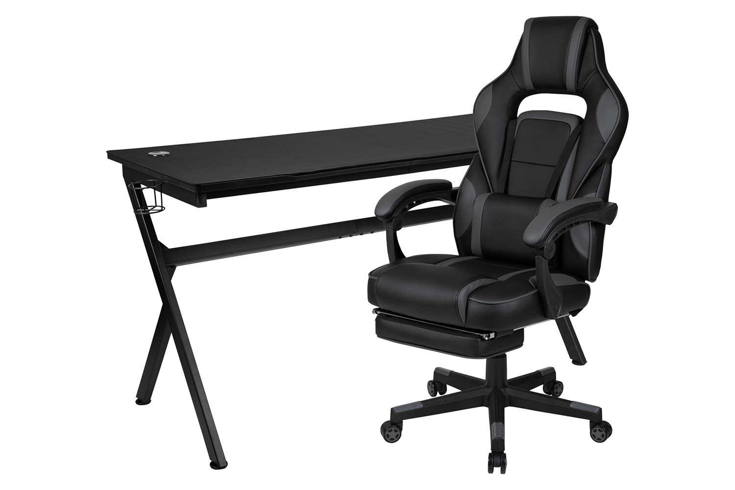 BLNK Optis Gaming Desk with Cup Holder, Headphone Hook, Removable Mousepad Top and Reclining Back/Arms Gaming Chair with Footrest - Black