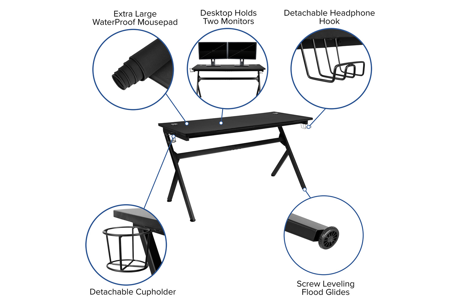 BLNK Optis Gaming Desk with Cup Holder, Headphone Hook, Removable Mousepad Top and Reclining Back/Arms Gaming Chair with Footrest - Black