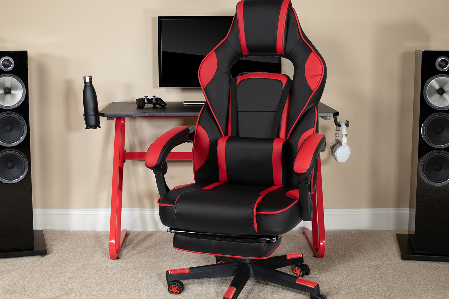 BLNK Optis Red Gaming Desk with Cup Holder/Headphone Hook and Reclining Back/Arms Gaming Chair with Footrest