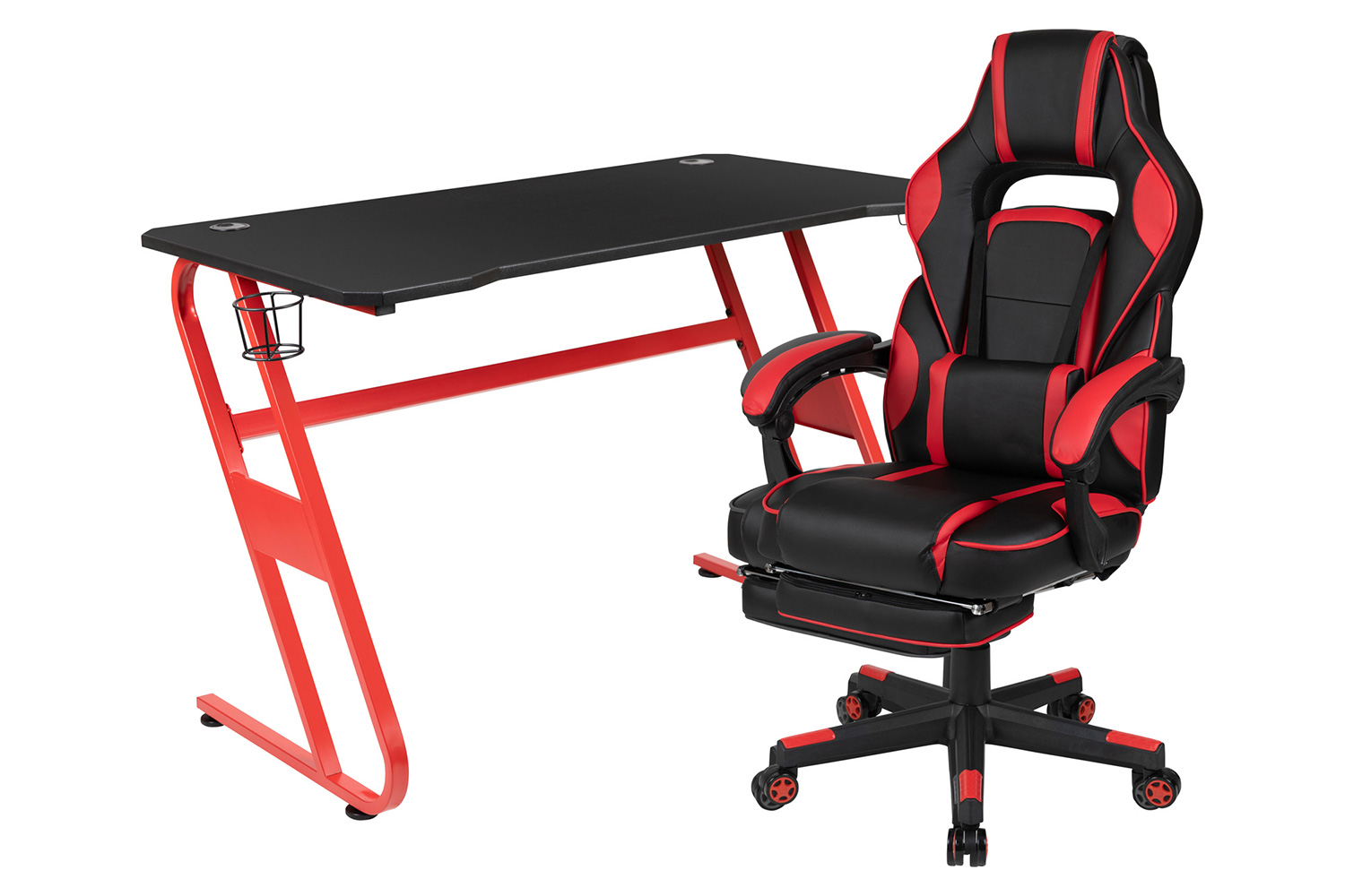 BLNK Optis Red Gaming Desk with Cup Holder/Headphone Hook and Reclining Back/Arms Gaming Chair with Footrest - Red