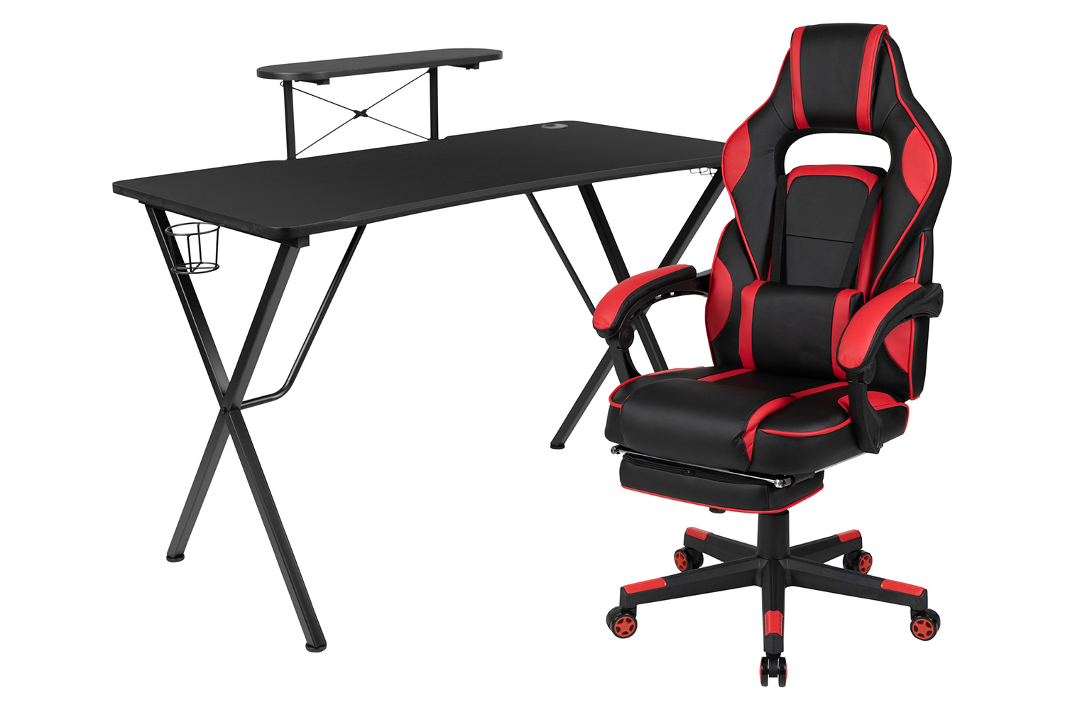 BLNK Optis Black Gaming Desk with Cup Holder/Headphone Hook/Monitor Stand and Reclining Back/Arms Gaming Chair with Footrest - Red