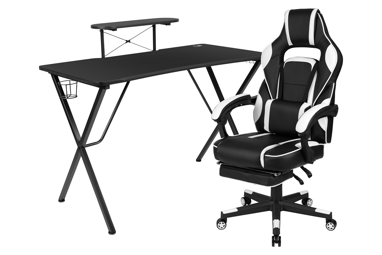 BLNK Optis Black Gaming Desk with Cup Holder/Headphone Hook/Monitor Stand and Reclining Back/Arms Gaming Chair with Footrest - White