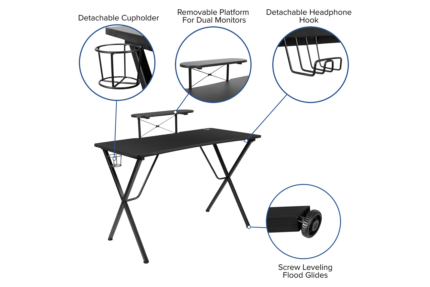 BLNK Optis Black Gaming Desk with Cup Holder/Headphone Hook/Monitor Stand and Reclining Back/Arms Gaming Chair with Footrest - White