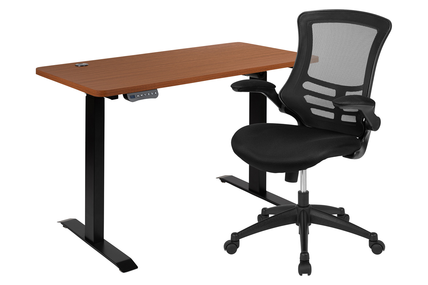 BLNK Regent Electric Height Adjustable Standing Desk with Black Mesh Swivel Ergonomic Task Office Chair - Mahogany