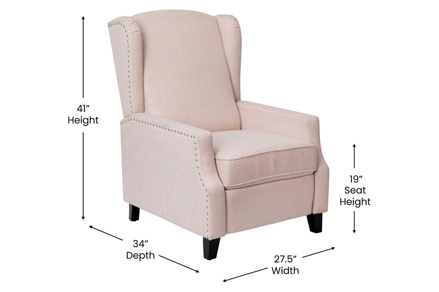 BLNK Prescott Traditional Style Fabric Slim Push Back Recliner Chair with Upholstery-Accent Nail Trim - Cream