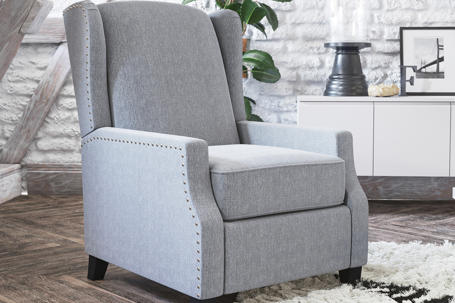 BLNK Prescott Traditional Style Fabric Slim Push Back Recliner Chair with Upholstery-Accent Nail Trim