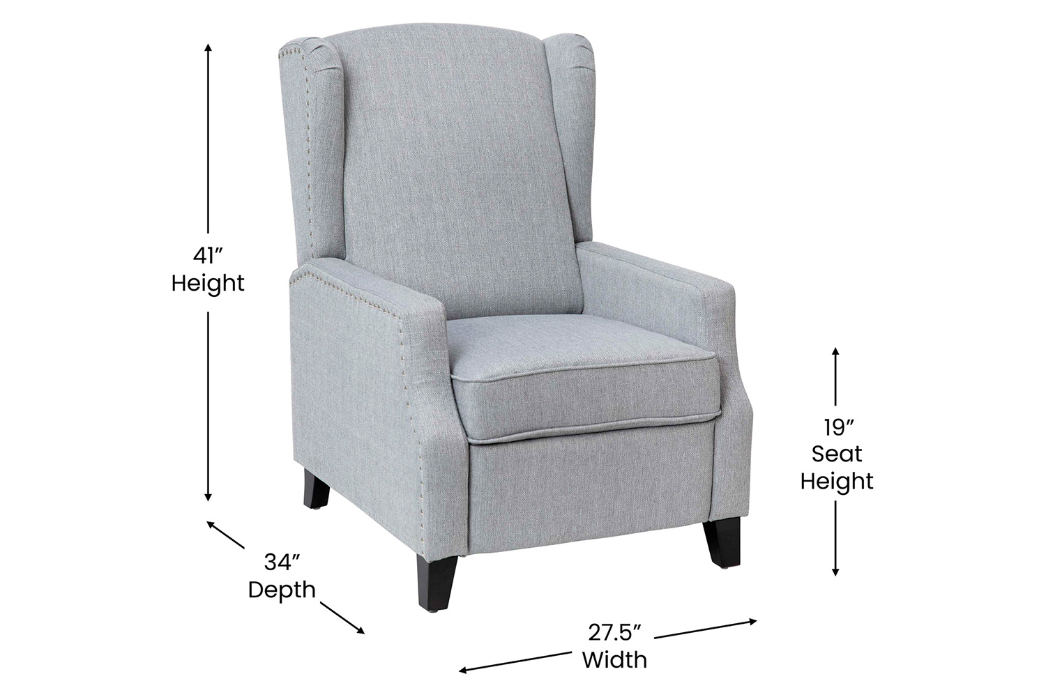 BLNK Prescott Traditional Style Polyester Fabric Slim Push Back Recliner Chair with Accent Nail Trim - Gray