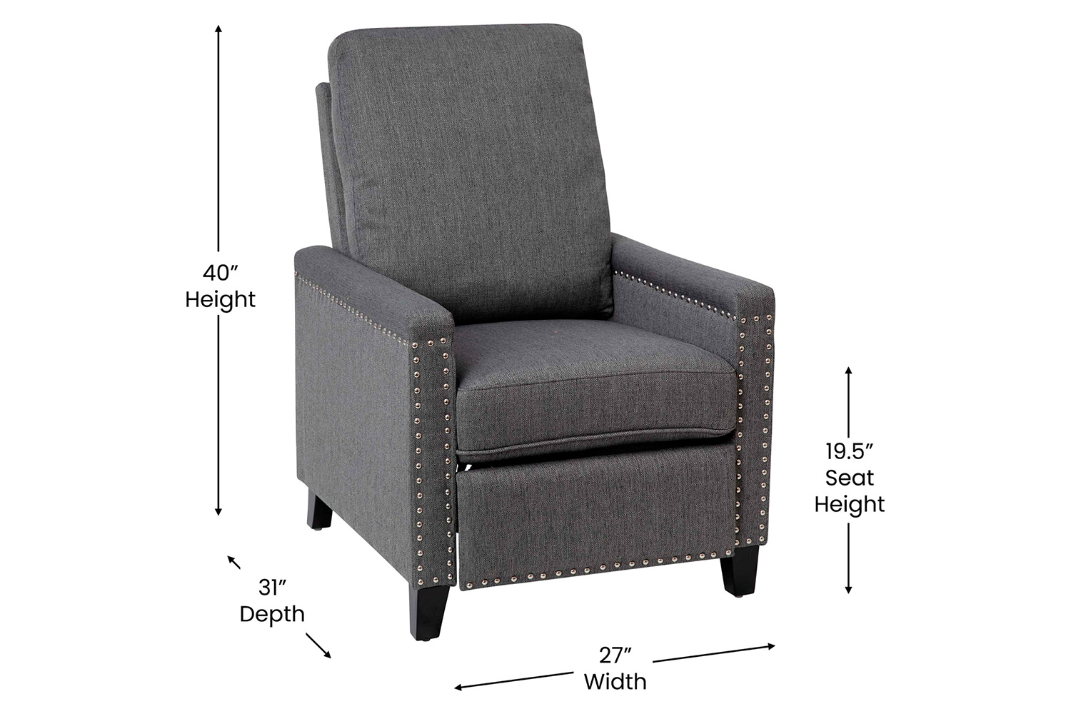 BLNK Carson Transitional Style Fabric Push Back Recliner Chair with Accent Nail Trim - Gray