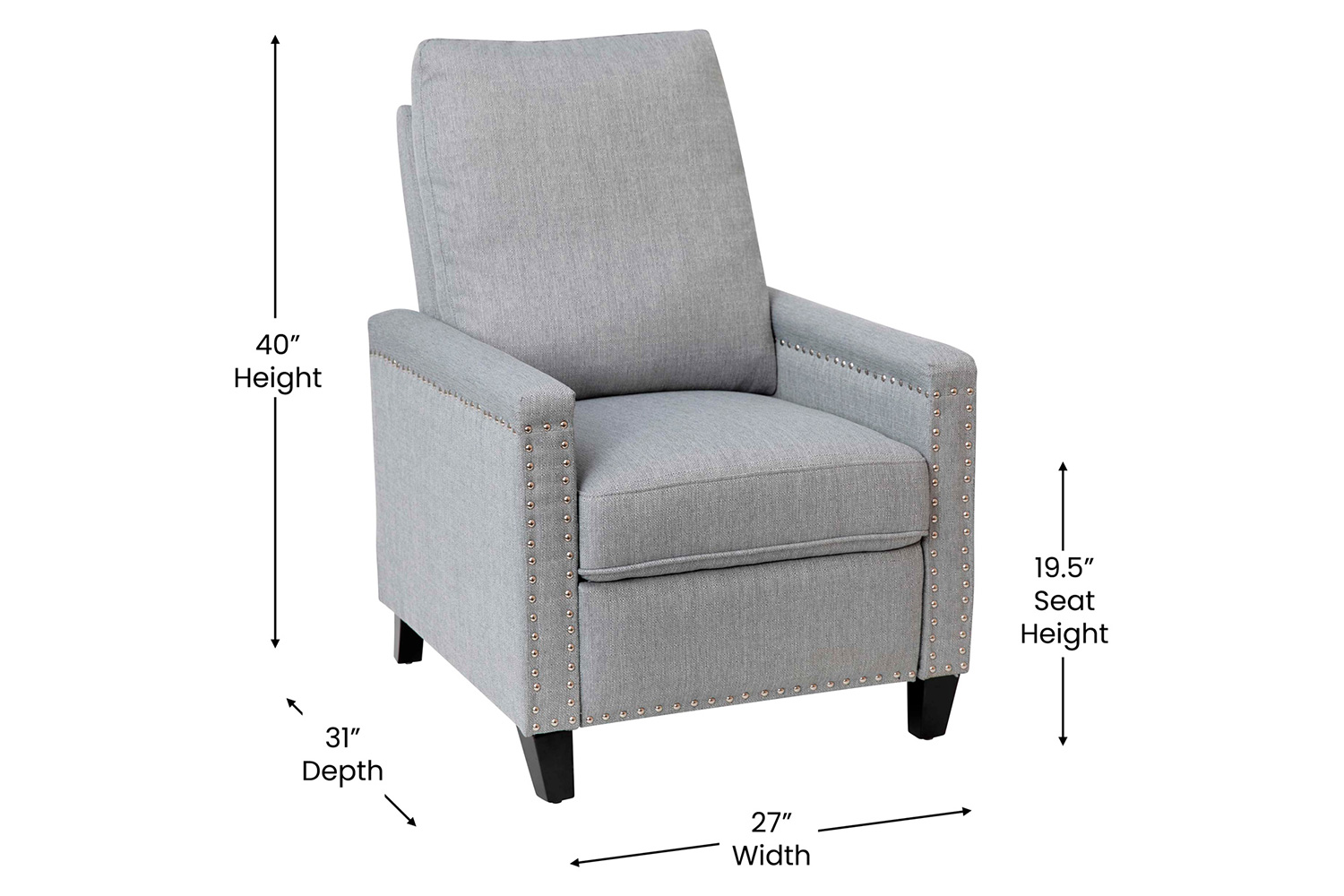 BLNK Carson Transitional Style Fabric Push Back Recliner Chair with Accent Nail Trim - Light Gray