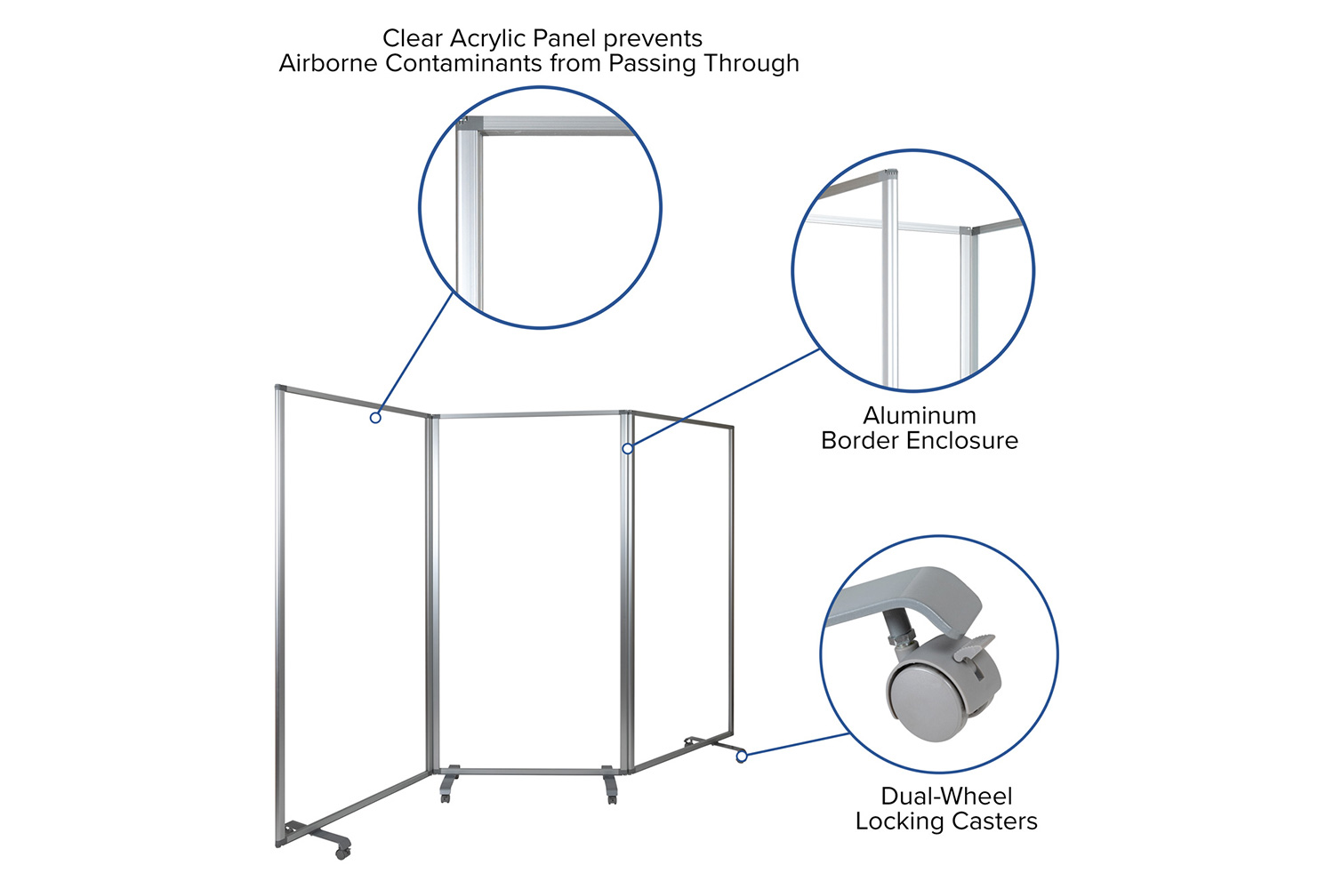 BLNK Raisley 3 Sections Transparent Acrylic Mobile Partition with Lockable Casters - 72"H x 36"L