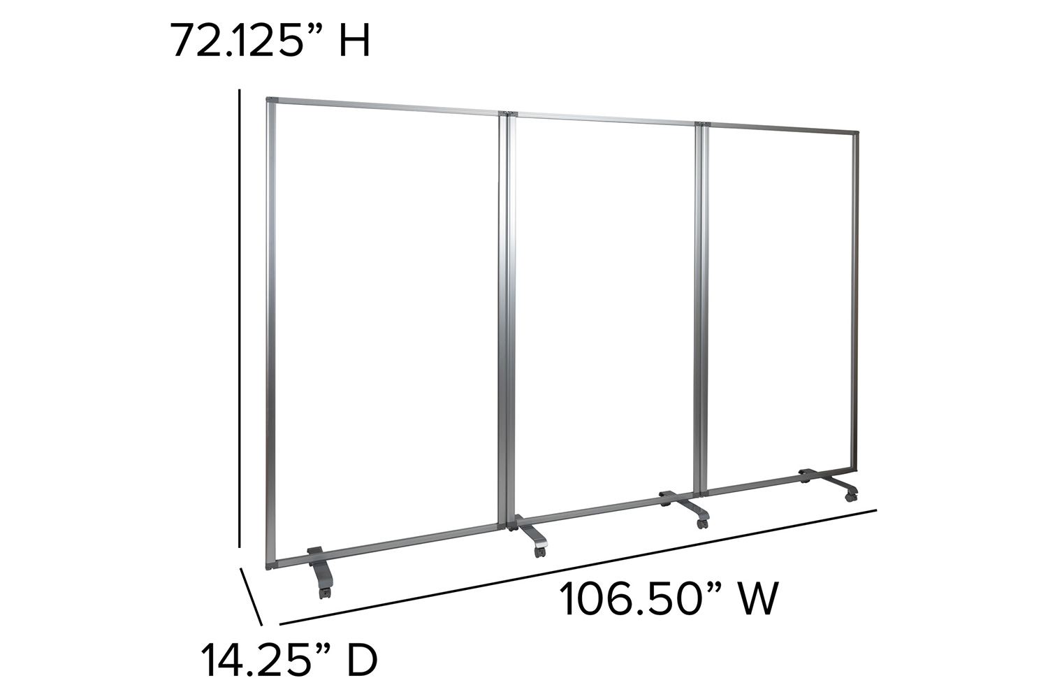 BLNK Raisley 3 Sections Transparent Acrylic Mobile Partition with Lockable Casters - 72"H x 36"L