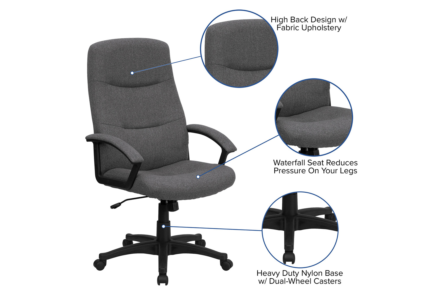 BLNK Rochelle Fabric High-Back Executive Swivel Office Chair with Two Line Horizontal Stitch Back and Arms - Gray