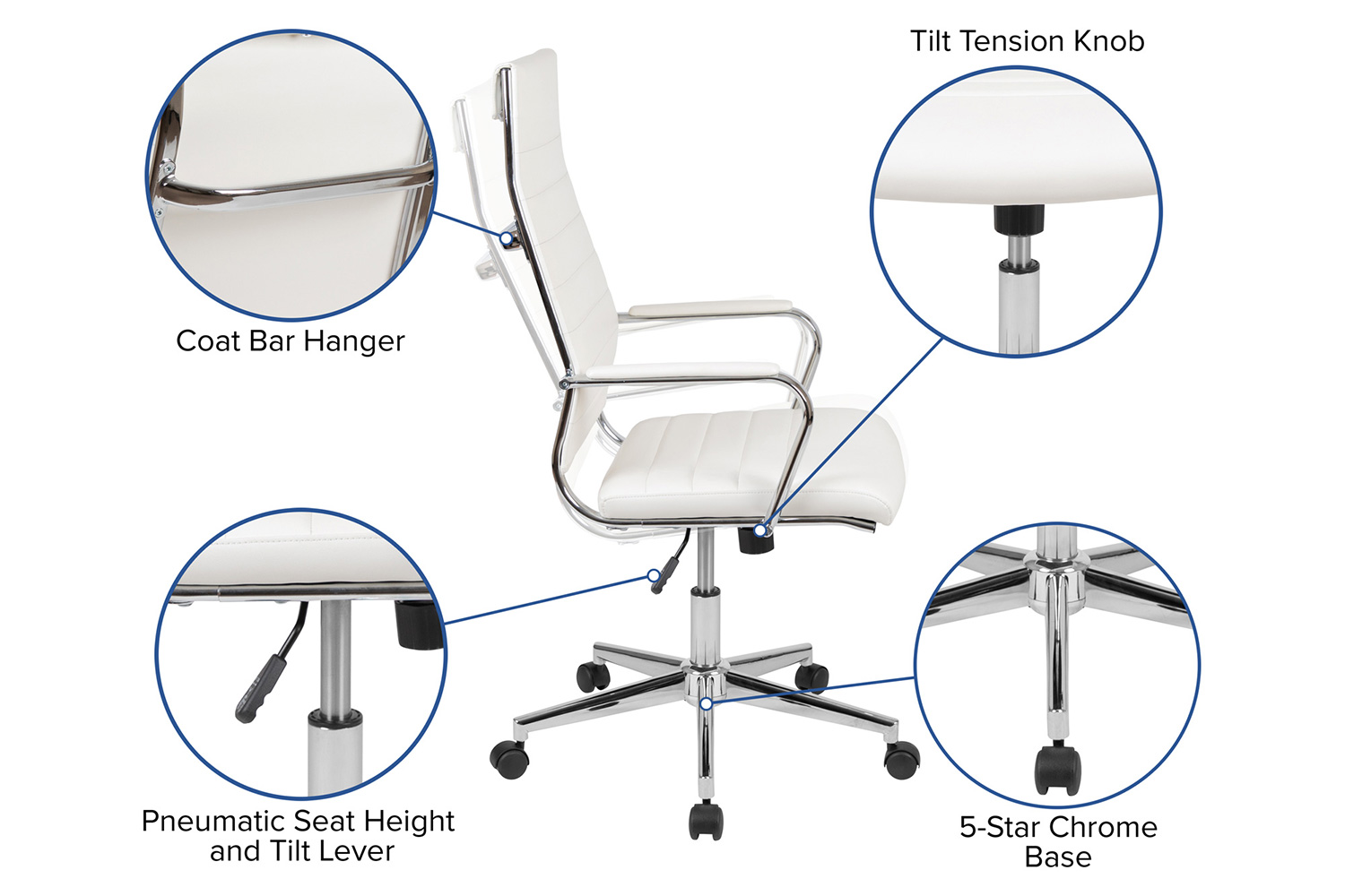 BLNK Hansel LeatherSoft High-Back Contemporary Ribbed Executive Swivel Office Chair - White