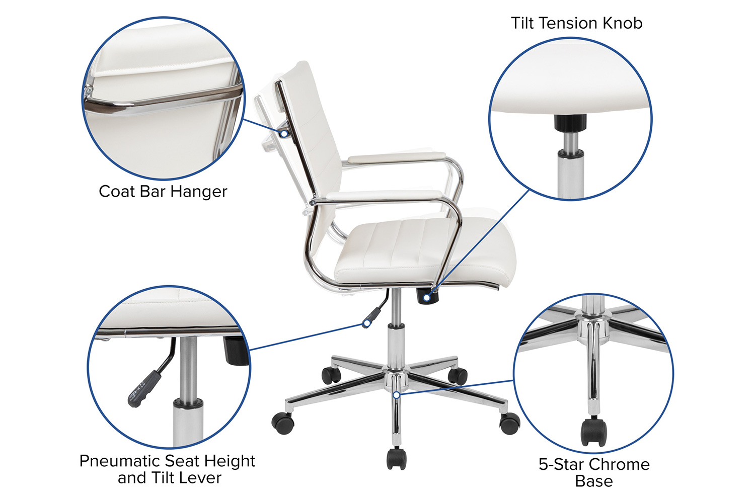 BLNK Hansel LeatherSoft Mid-Back Contemporary Ribbed Executive Swivel Office Chair - White