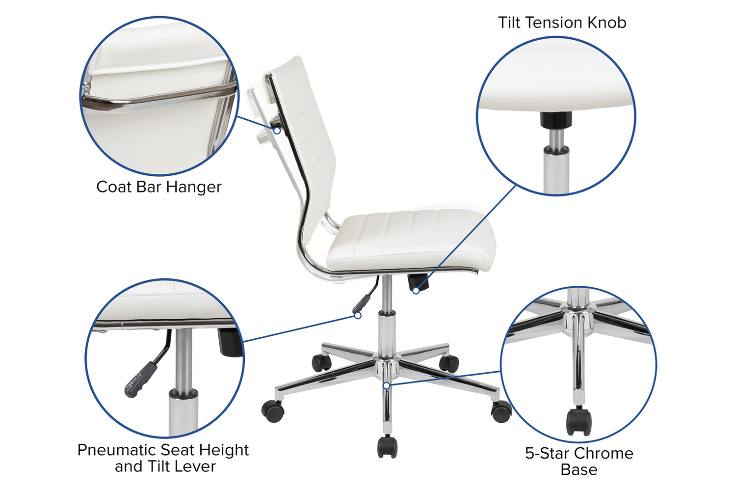 BLNK Hansel LeatherSoft Mid-Back Armless Contemporary Ribbed Executive Swivel Office Chair - White