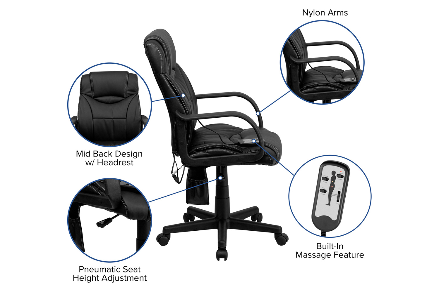 BLNK Laverne LeatherSoft Mid-Back Ergonomic Massaging Executive Swivel Office Chair - with Arms