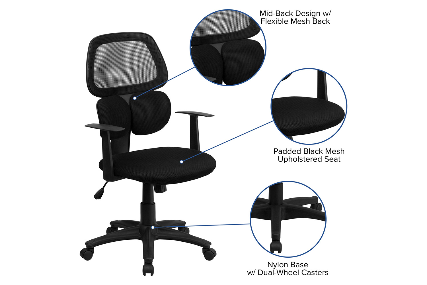 BLNK - Ariel Mid-Back Mesh Swivel Task Office Chair with Flexible Dual Lumbar Support and Arms