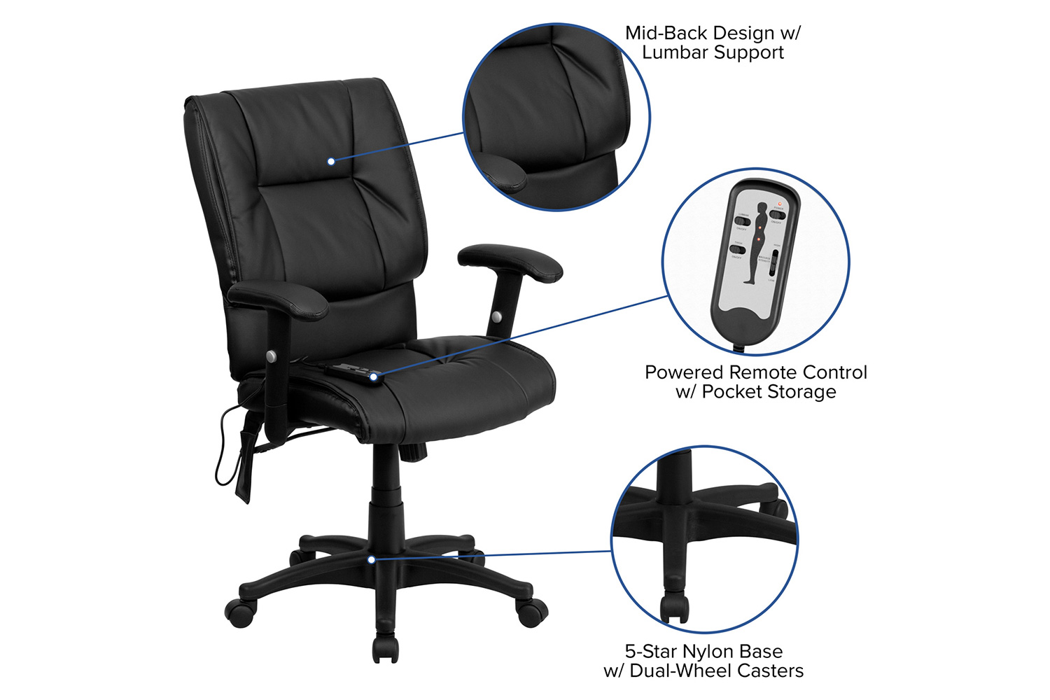 BLNK Laverne LeatherSoft Mid-Back Ergonomic Massaging Executive Swivel Office Chair - with Adjustable Arms