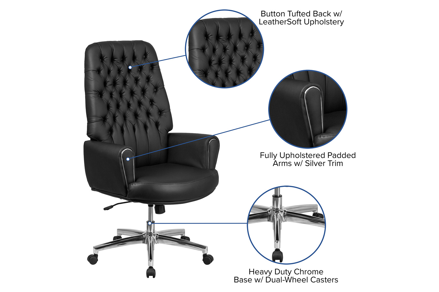 BLNK - Hansel LeatherSoft High-Back Traditional Tufted Executive Swivel Office Chair with Silver Welt Arms